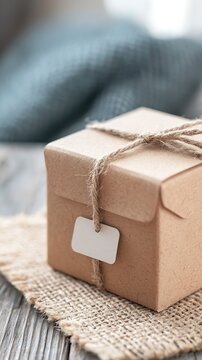 Small Brown Kraft Gift Box on Jute Mat