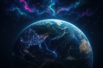 Obraz premium Electric currents dance across Earth beneath a cosmic sky filled with vibrant colors and swirling clouds Generative AI