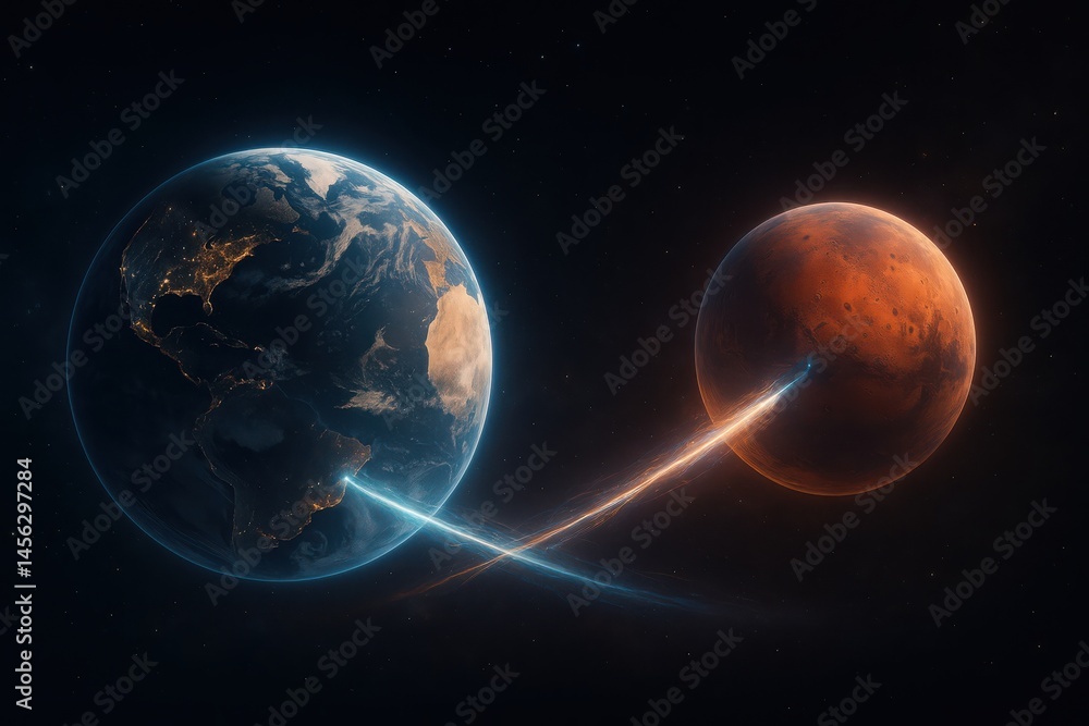 Poster exploring the connection between earth and mars through cosmic energy and vibrant celestial pathways