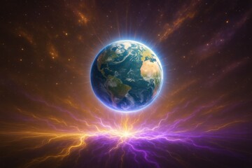 Obraz premium Planet Earth surrounded by cosmic energy radiating in vibrant colors at twilight Generative AI