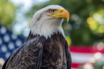 Obraz premium Bald eagle in front of American flag symbolizing patriotism and national pride