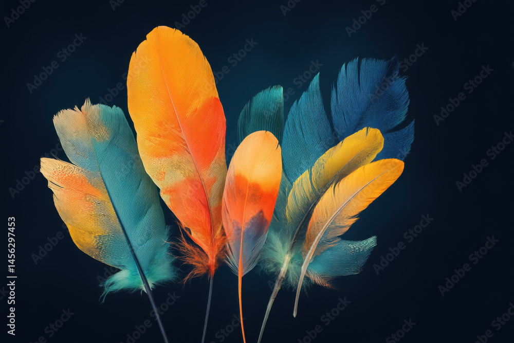 Poster striking image of three feathers displayed against a black background revealing their unique texture