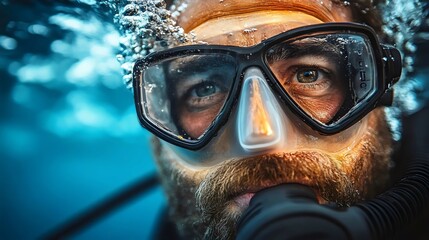 A close-up of a scuba diver with a diving mask, submerged in crystal clear water.