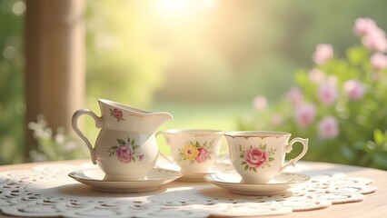 Fototapeta premium Elegant Tea Service with Rose Pattern on Outdoor Table with Lace and Floral Backdrop 