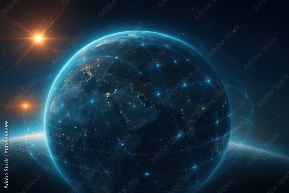 Poster exploring the interconnectedness of our planet through a vibrant digital network glowing beneath the