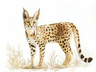 Obraz premium Caracal, a spotted cat stands alert in the savanna