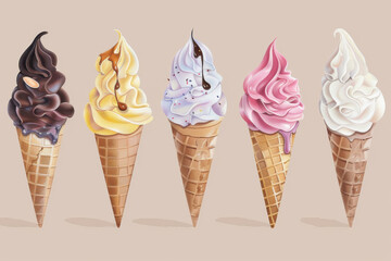 Assorted soft serve ice cream cones in various flavors, arranged in a row against a pastel background.