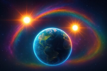 Fototapeta premium Exploration of dual suns illuminating Earth in a vibrant cosmic landscape filled with colors and celestial wonder Generative AI