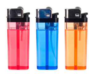 A vibrant collection of three colorful lighters in pink, blue, and orange hues.