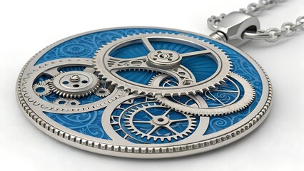 intricate bronze and blue gear mechanism close up