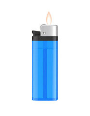 A vibrant blue lighter with a flame, set against a clean background.