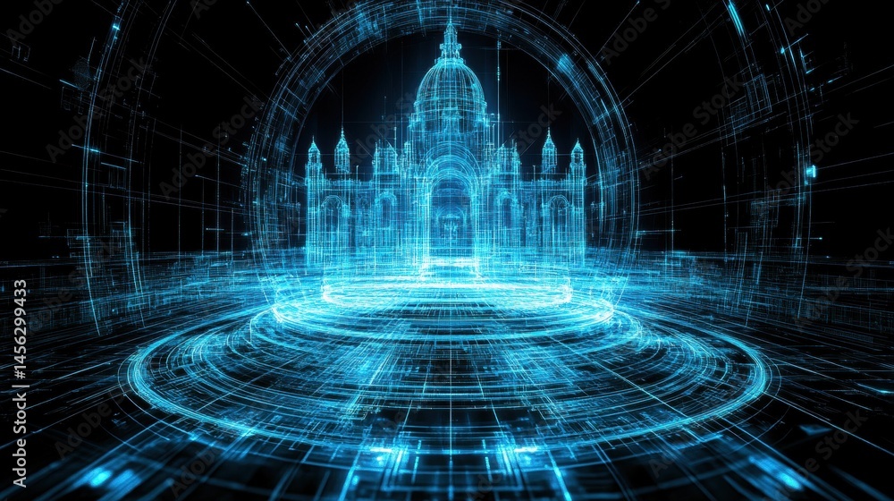 Aufkleber digital realm architectural visualization futuristic cyberpunk structure glowing blue tech design hi
