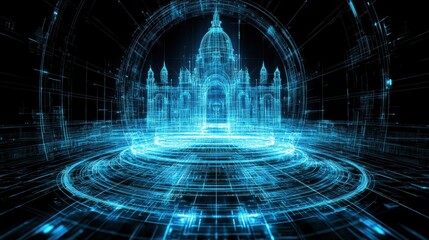 Fototapeta premium Digital Realm Architectural Visualization Futuristic Cyberpunk Structure Glowing Blue Tech Design High Tech Virtual Reality Data Cityscape