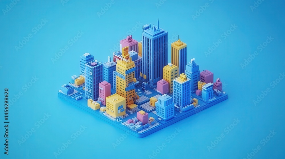 Poster pixelated metropolis a stylized cityscape in a vibrant color palette with blocky structures a modern