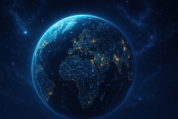 Obraz premium Exploration of our beautiful planet showcasing continents, city lights, and the stunning vastness of space at night Generative AI