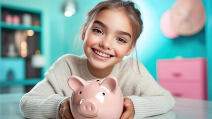 Young girl smiling while holding a pink piggy bank in a bright room during the afternoon