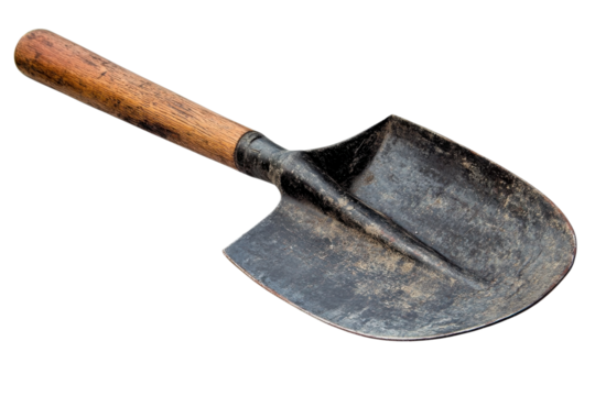 Isolated Metal Shovel: Gardening, Construction, DIY Tool dig farm work spade rusty repair tooling on transparent background