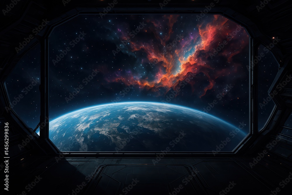 Poster exploring the vastness of space from a futuristic window with a breathtaking view of earth and color