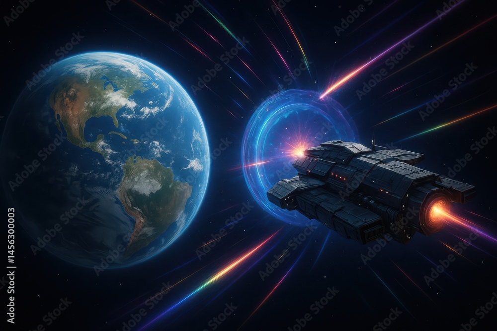Poster journey through cosmic realms as a futuristic spacecraft traverses a vibrant wormhole, leaving a tra