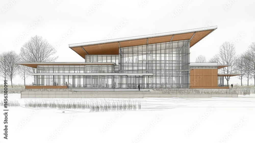 Poster architectural watercolor of modern design home featuring sharp angular rooflines against a backdrop 