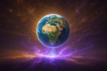 Fototapeta premium Vibrant planet Earth illuminated by cosmic energy in a celestial backdrop of swirling colors and mysterious lights Generative AI