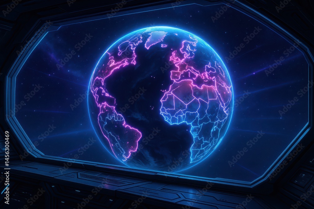 Poster vibrant neon depiction of earth viewed from a futuristic spacecraft window in deep space generative 