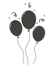 Silhouettes. Three balloons with confetti and streamers.