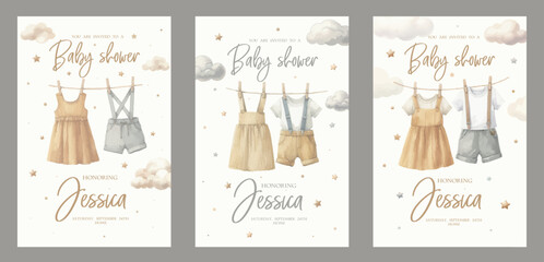 Cute baby shower watercolor invitation card for baby and kids new born celebration. Card with baby dress.