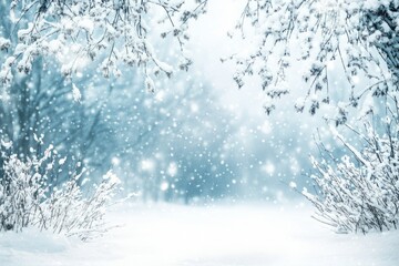 Snow-covered tree branches hanging over a soft, white winter landscape with gentle snowfall, evoking serenity, purity, and peaceful seasonal beauty
