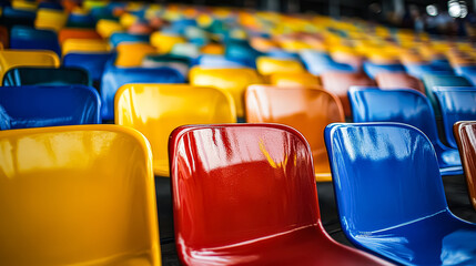 Fototapeta premium Row of chairs in a stadium are all different colors. The chairs are yellow, red, and blue