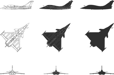 Multirole fighter jet icon collection line, silhouette, black color isolation, aircraft side view, top view, front view, French fighter jet Squall.