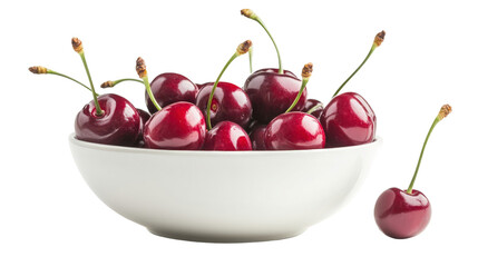 A bowl of cherries, some with stems and some without,Transparent background, PNG file