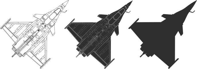 Set of icons of multi-role fighter jet line, isolation and silhouette in black color, plane top view, French fighter jet Squall. © Артем Яковенко