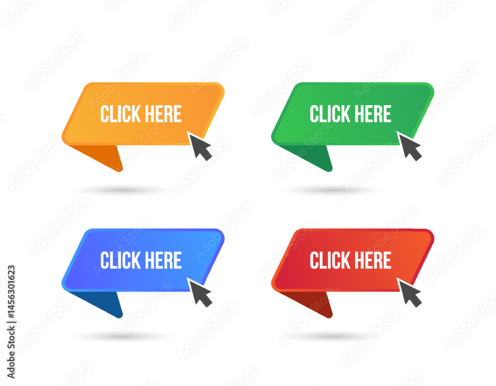 Fototapete Click here web buttons with hand cursor. Set of action button with arrow pointer. Click button. Modern action button mouse click symbol. Computer mouse click cursor or Hand pointer symbol.