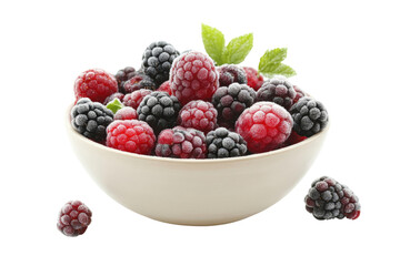 A bowl of frozen mixed berries,Transparent background, PNG file. The frost-covered surface adds texture to the otherwise soft fruit