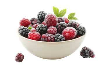 A bowl of frozen mixed berries,Transparent background, PNG file. The frost-covered surface adds texture to the otherwise soft fruit
