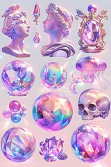 Fantasy Holographic Pastel Art Collection with Gems, Statues, and Crystals
