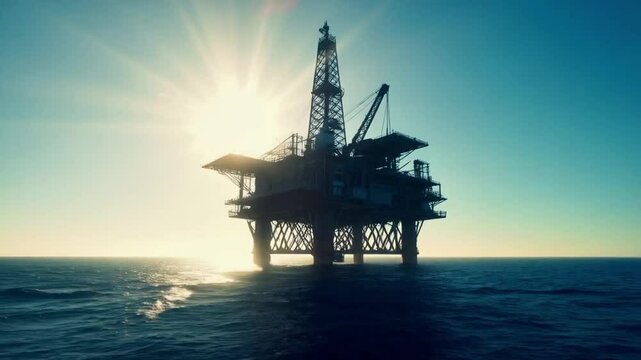Offshore oil rig silhouetted against vibrant sunset over ocean waves