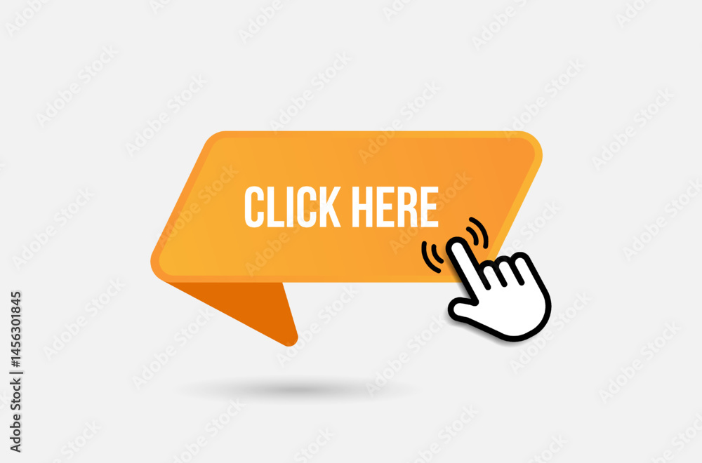 Fototapete Click here web buttons with hand cursor. Set of action button with arrow pointer. Click button. Modern action button mouse click symbol. Computer mouse click cursor or Hand pointer symbol.
