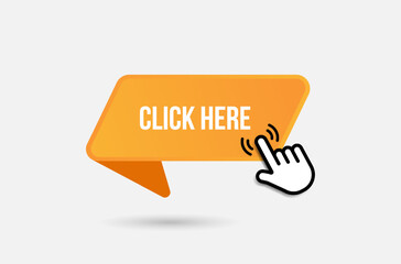 Click here web buttons with hand cursor. Set of action button with arrow pointer. Click button. Modern action button mouse click symbol. Computer mouse click cursor or Hand pointer symbol.
