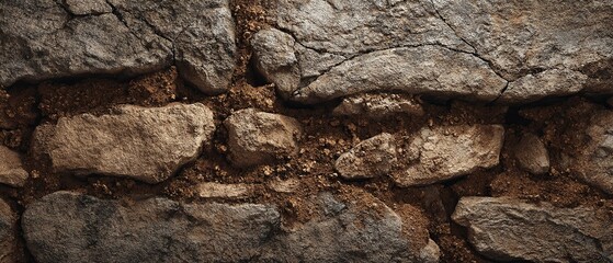 Fototapeta premium Close-up of a weathered stone wall with visible mortar and rough texture.