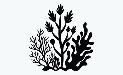 Coral seaweed silhouette, coral seaweed shape aesthetic element, vector, silhouette, abstract cartoon underwater plant collection © Silhouettify