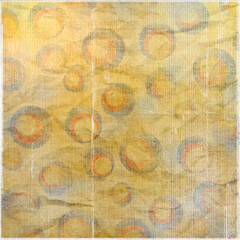 Vintage yellow textured background with faded retro circles and distressed paper creases. Grunge abstract design ideal for scrapbooking, posters, retro themes, invitations, and creative projects.