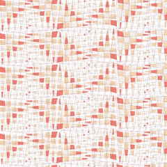 Fototapeta premium Abstract geometric pattern with coral, beige, and white mosaic-like shapes arranged in a wavy grid. Modern seamless design ideal for textiles, wallpapers, packaging, and creative graphic projects.