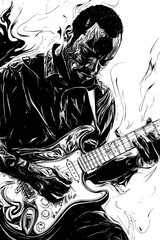 Guitarist Lost In Passionate Solo, coloring book design, vector illustration