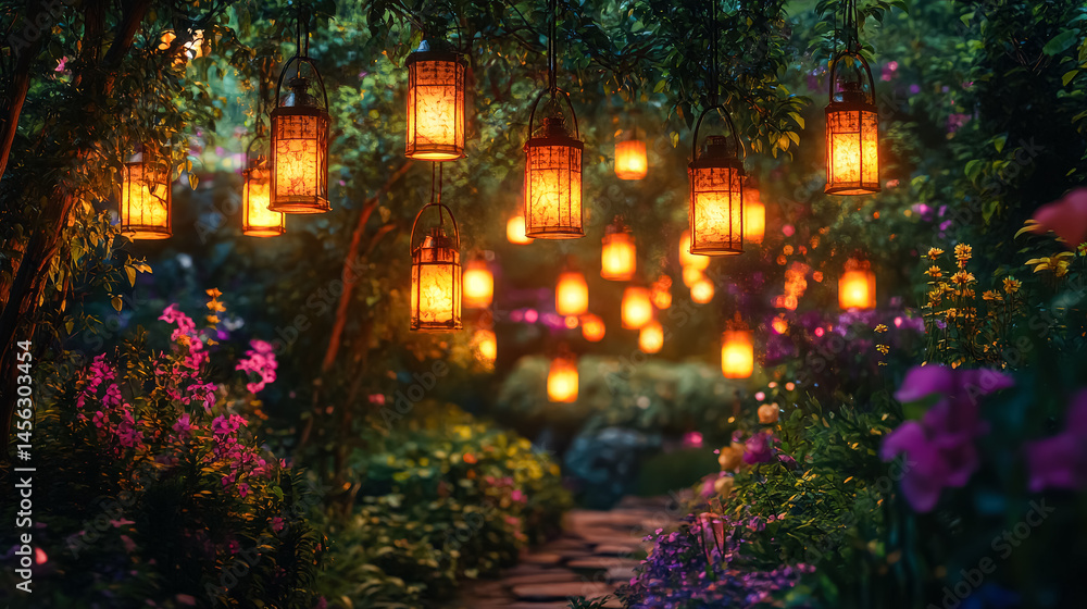 Poster garden path is illuminated by a series of yellow lanterns hanging from the trees. the lanterns are s