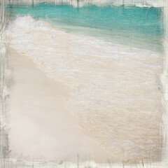 Vintage beach background with gentle waves washing onto soft sand, framed by textured edges. Coastal retro design ideal for travel themes, summer art, invitations, and creative projects.