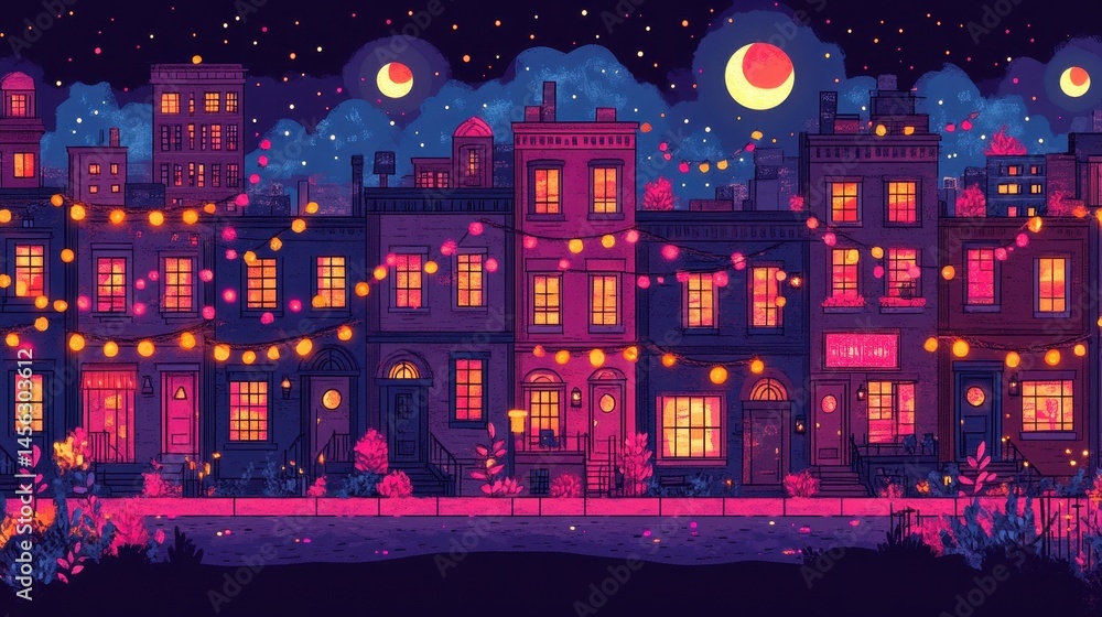 Poster pixelated cityscape at twilight with festive lights and a glowing moon creating a nostalgic and ench