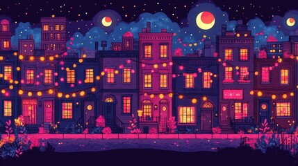 Pixelated Cityscape at Twilight with Festive Lights and a Glowing Moon Creating a Nostalgic and Enchanting Urban Night Scene