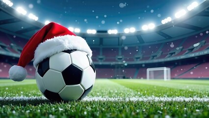Fototapeta premium soccer ball wearing a Santa hat rests on a snowy field. In the background, a snow-covered football stadium with spotlights and stands sets a festive Christmas football scene. Copyspace 